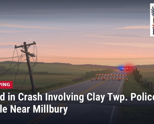 Fostoria News Scene of a crash involving a police vehicle on a rural road at sunset.
